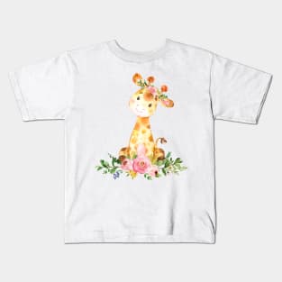 Cute Giraffe with Flowers Kids T-Shirt
